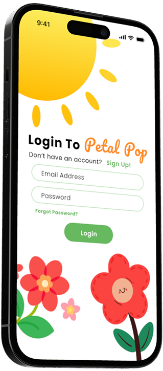 Petal Pop login screen mockup